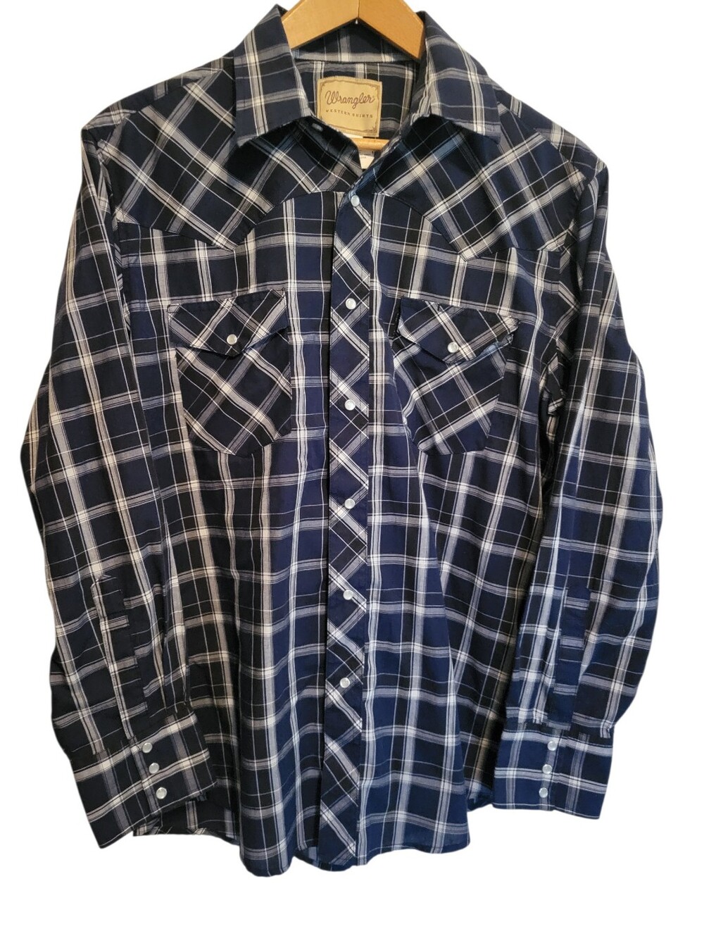Wrangler Mens Pearl Snap Western Shirt Blue Navy Plaid Long Sleeve Cowboy Large